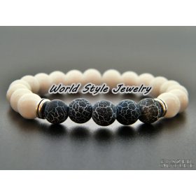   Fehér jade, repesztett fekete achát, ásványgyöngy karkötő.