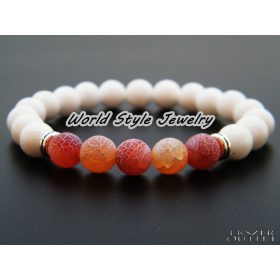   Fehér jade, repesztett barna achát, ásványgyöngy karkötő.