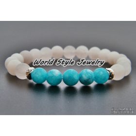 Matt fehér jade, matt kék jade, ásványgyöngy karkötő.